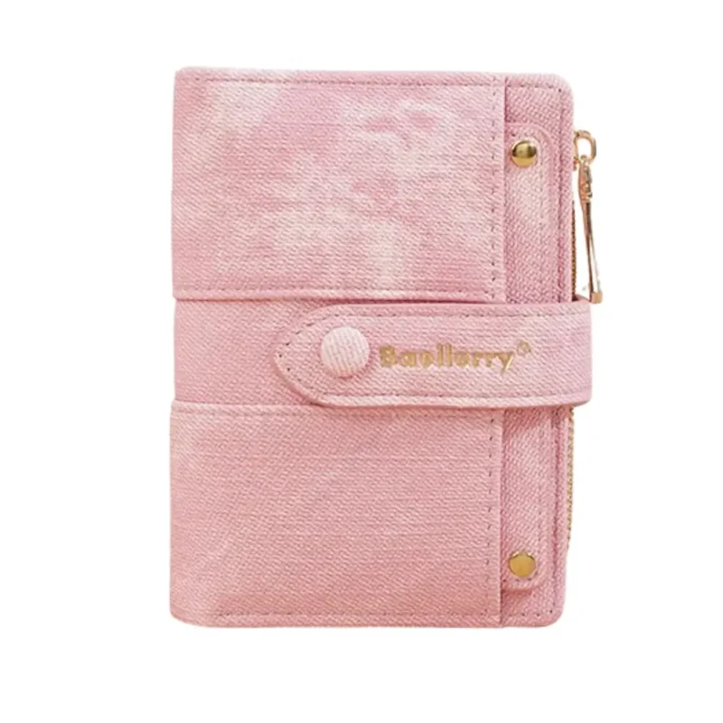 womens leather wallet compact zipper design detachable card clip pink